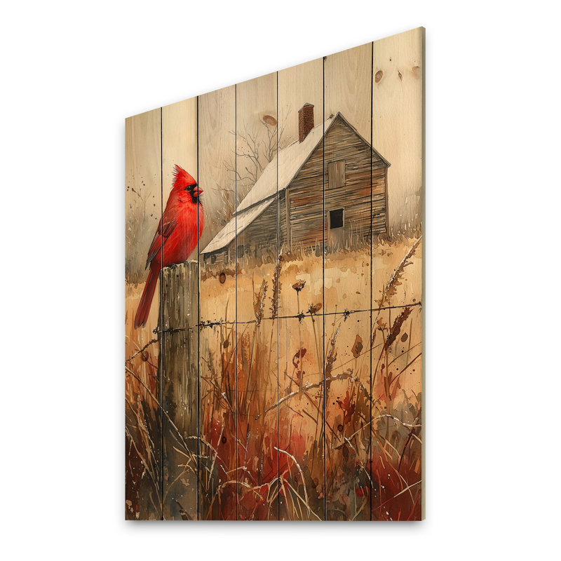 Cardinal Bird By The Farmhouse I - Bird Wood Wall Decor - On Natural Pine Wood, 40" H x 30" W x 0.78" D
