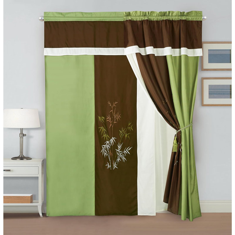 Ivory and Green Bamboo Embroidery Light-Filtering Window Panel