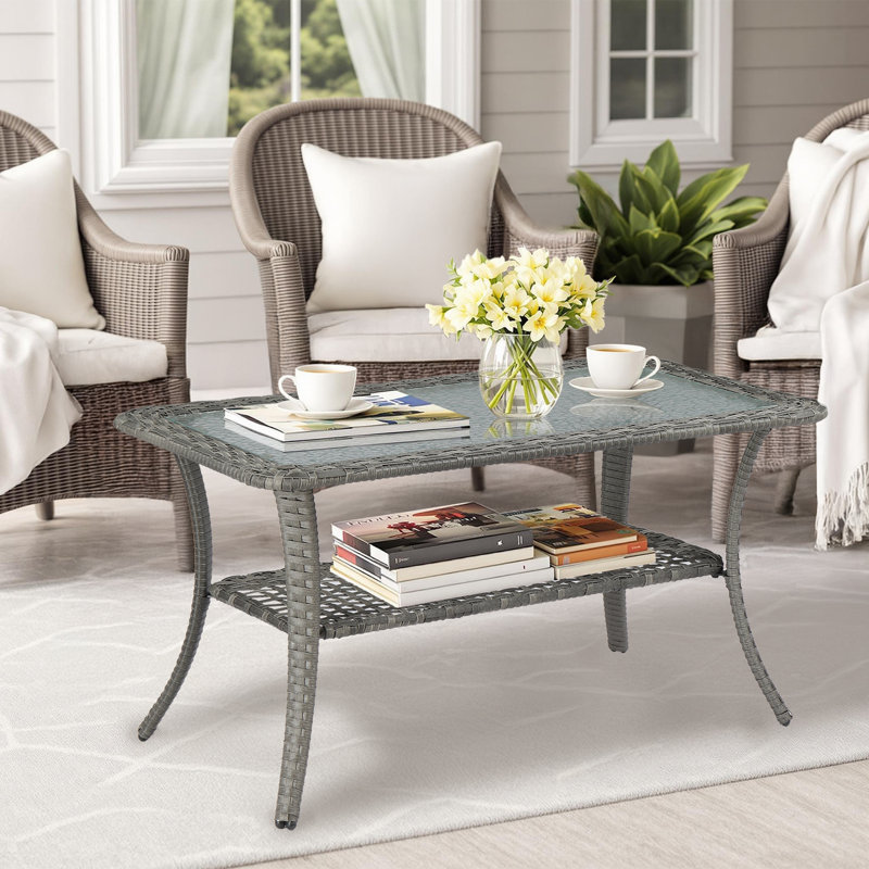 Patio Wicker Coffee Table With Glass Top, Grey