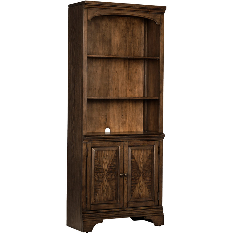 Bibliothèque en chêne bruni avec solution de rangement à 2 portes, cinq tablettes horizontales, trois tablettes réglables, gestion des câbles pour une installation soignée des câbles dans l'armoire principale, tablettes, tablettes réglables