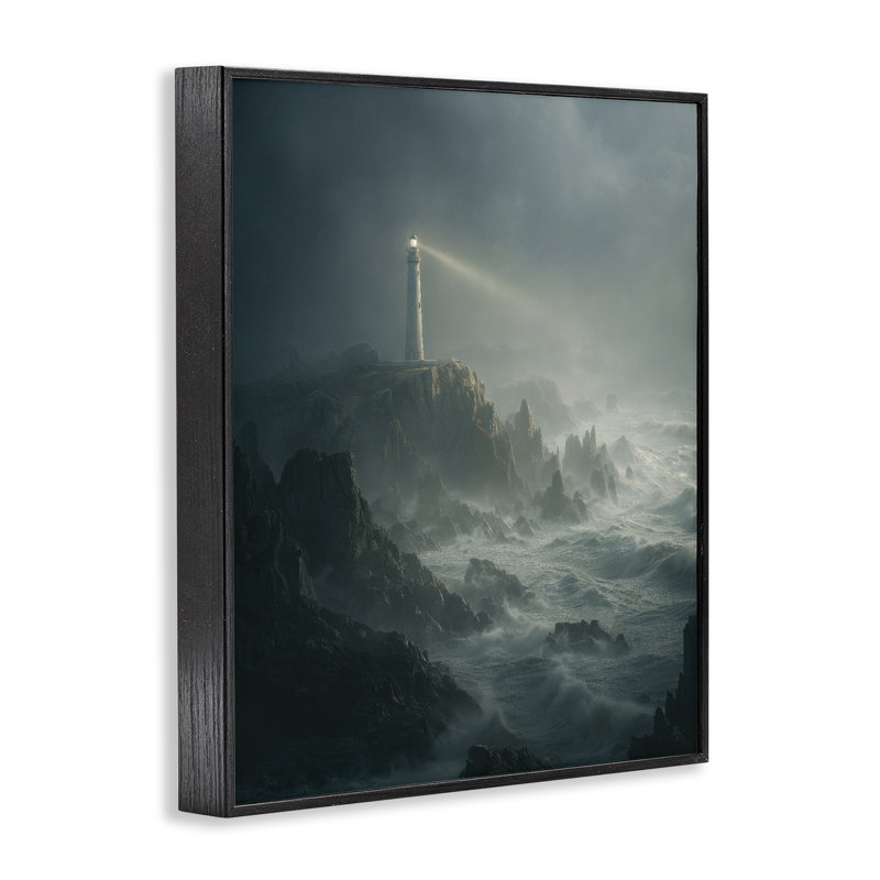 Phare et falaise orageuse, estampe numérique, conception de Ziwei Li, H 14 po x l 11 po, Giclée encadrée noir minuit