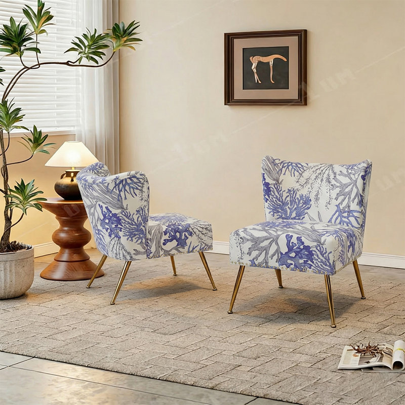 Floral Patterned Armless Wingback Accent Chair (Set of 2), BLUE
