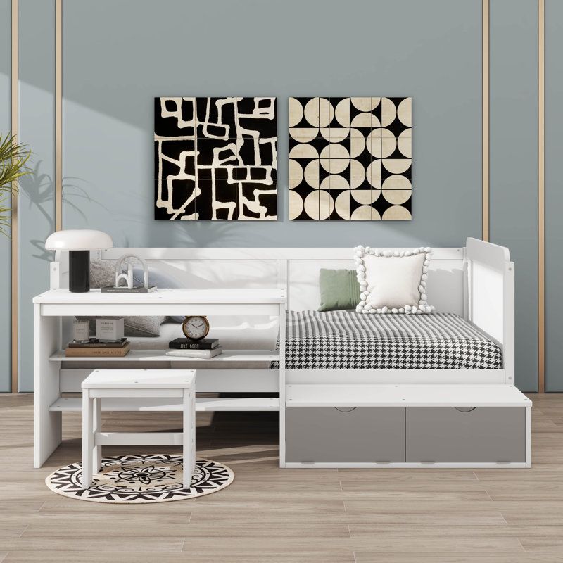 Wooden Twin Size Daybed With Built-In Shelves And Desk For Storage, White