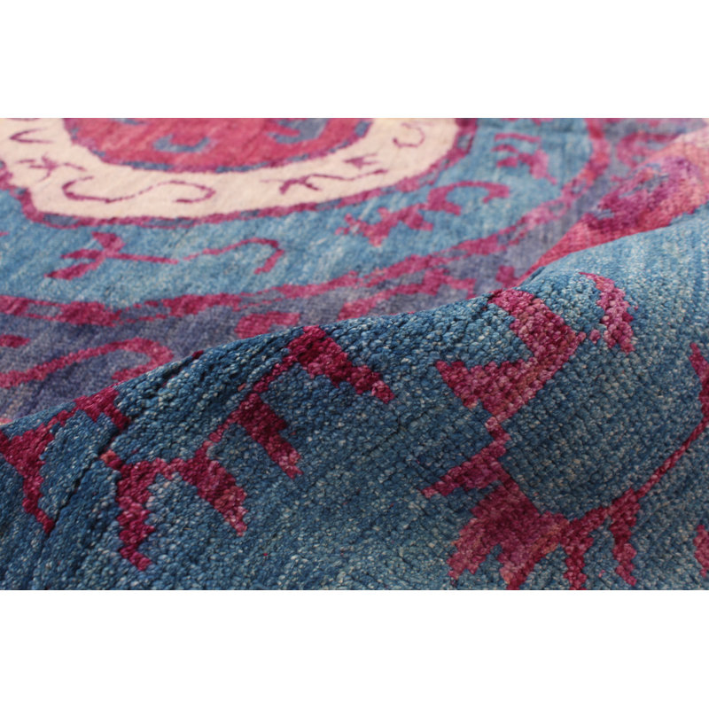 Tapis unique en laine noué à la main bleu marine / rouge de style années 2010 de 8 pi 5 po x 9 pi 7 po Areeba