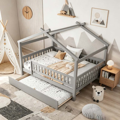 Wooden House Bed with Trundle Bed