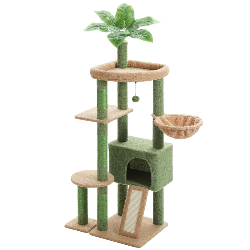 Arbre à chat en forme de cactus avec grand appartement, poteaux à griffer en sisal, hamac et perchoirs