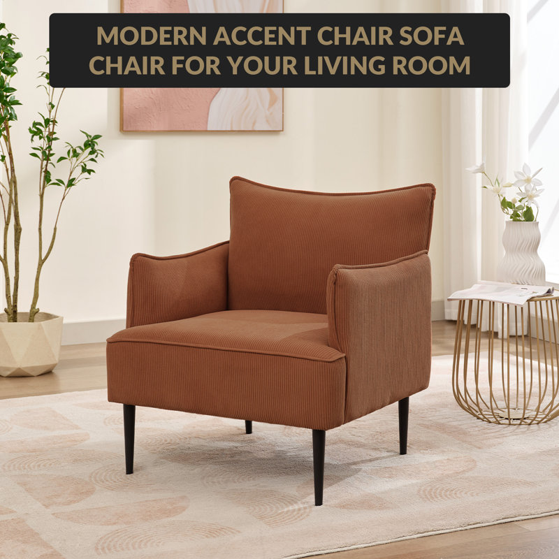 High Back Corduroy Accent Chair with Metal Legs, Ergonomic Upholstered Cozy Single Sofa for Living Room Reading, Orange