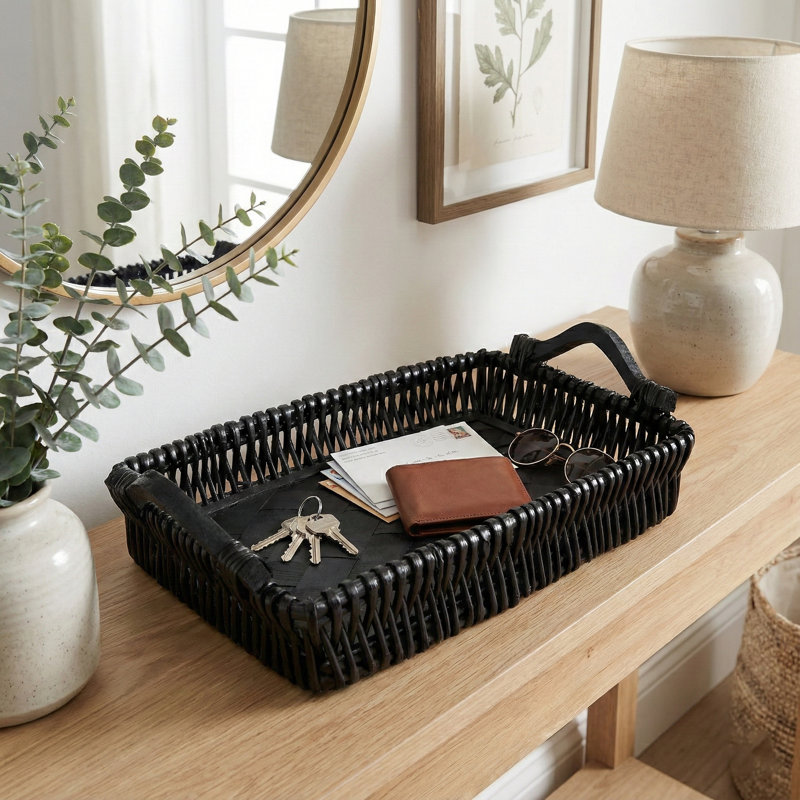 Handwoven Wicker Bathroom Vanity Tray – Farmhouse Countertop Organizer, Tudor Black