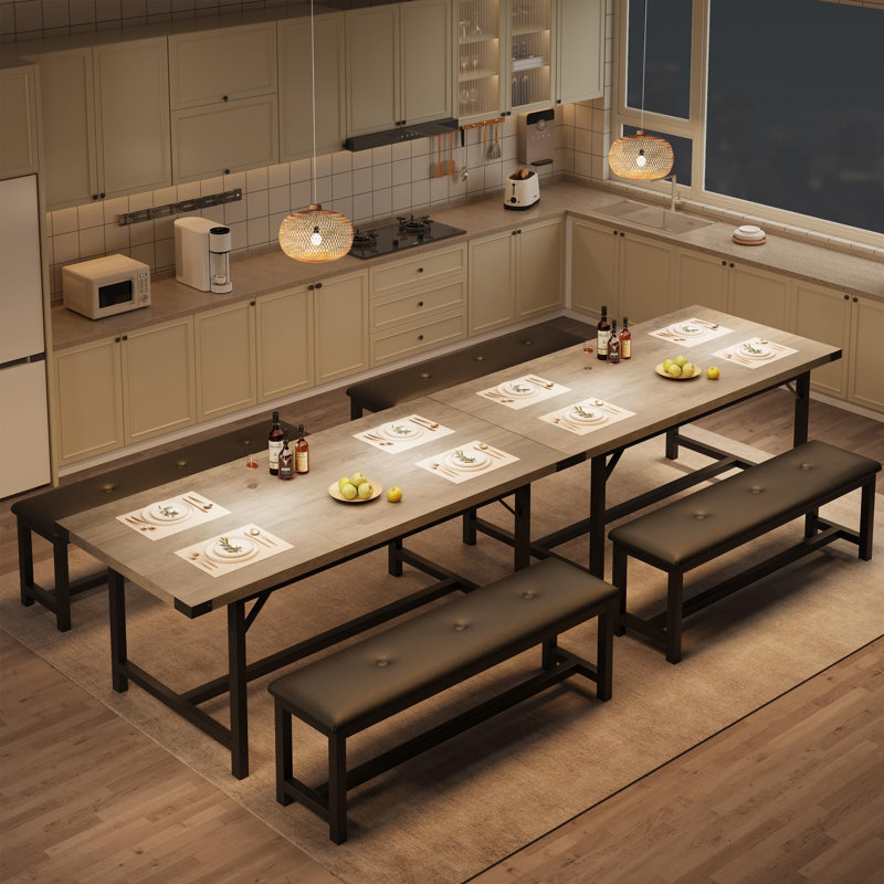 Dining Table Set for 4-6, 63" Extendable Wood Dining Room Table with Corner Protector & 2 Upholstered Benches, Kitchen Table Set for Apartment, Small Space, Easy Assembly