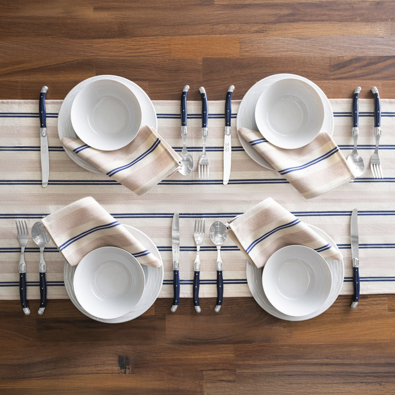 French Home 18”X 57” Cream, Blue, And Pink Striped Table Runner