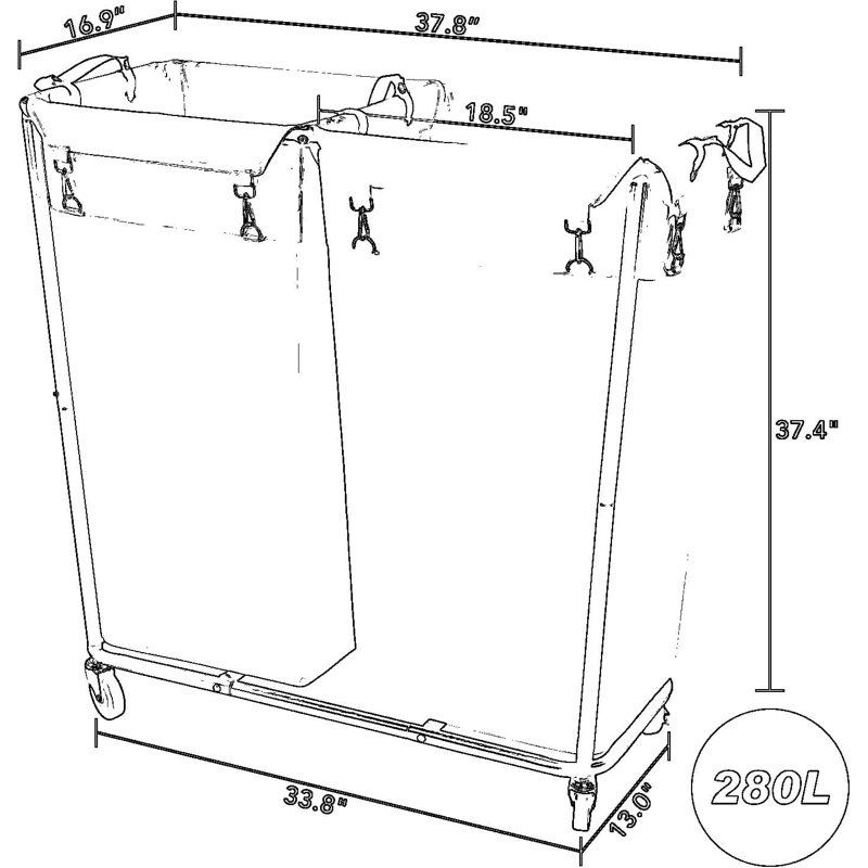 Commercial Heavy Duty Laundry Cart With Wheels, 280L Large Rolling Laundry Sorter With 2 Removable Bags, Steel Frame And Lockable Casters For Laundry Room, Hotel, And Home Use