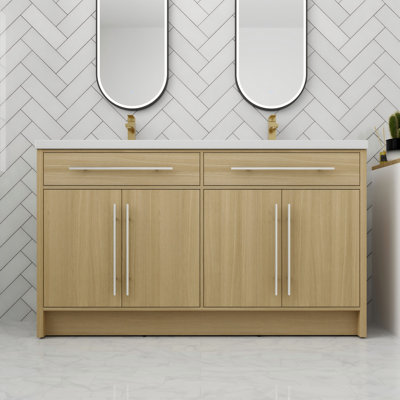Meuble-lavabo de salle de bain autoportant en résine 60 po avec porte à fermeture en douceur et tablettes