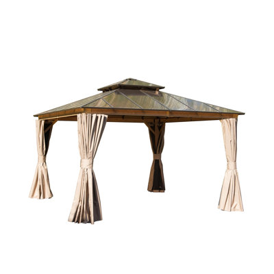 Pavillon de jardin 12 pi x 12 pi avec toit double en polycarbonate, pavillon permanent en aluminium d'aspect bois avec rideaux d'intimité et moustiquaire pour patio