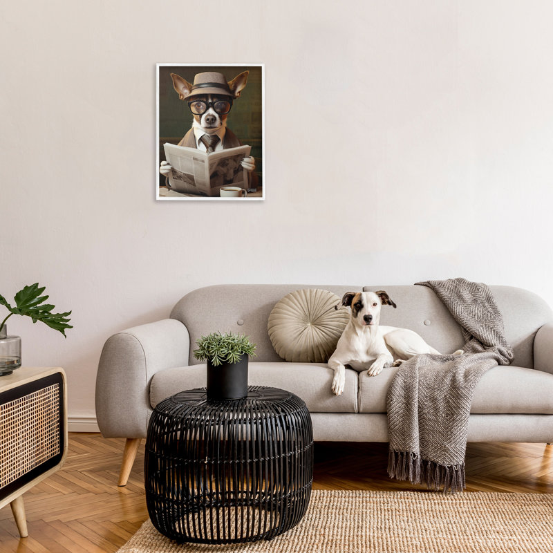 «Classy Dog» avec journal, estampe numérique par RB, Estampe numérique encadrée blanc bord de mer, H 30 po x l 24 po