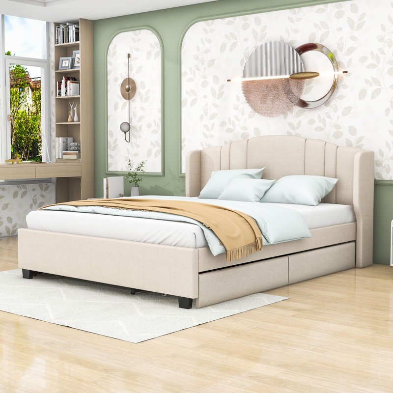Grand lit plateforme tapissier avec tête de lit à oreilles et lit gigogne Advit Harless, Beige