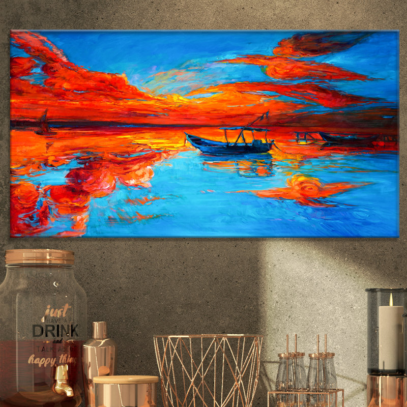 Coucher de soleil doré et ciel bleu au-dessus des voiliers - impression d'art graphique, H 16 po x l 32 po x P 1 po
