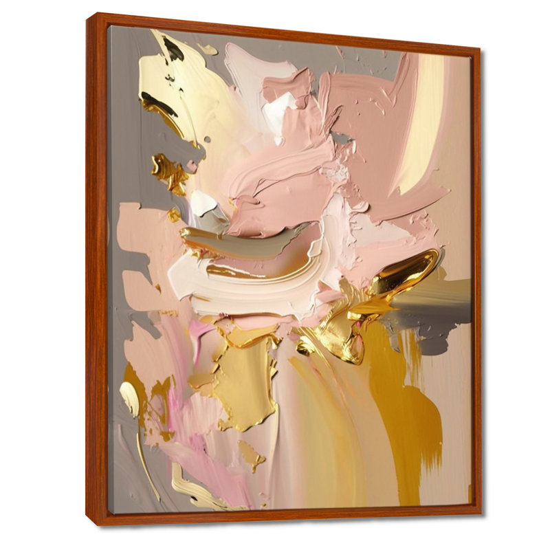 «Retro Pink and Vintage Gold Bliss - Abstract Collages», art mural, 32" H x 16" W, Cadre flottant brun