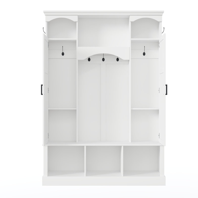 Modern 71'' Hall Tree with Bench and Shoe Storage, Classic Arched Farmhouse Entryway Organizer with 7 Hooks & Adjustable Shelves