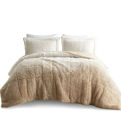 Queen Ombre Shaggy Comforter Mini - , Warm Faux Mink Reverse, 2 Matching Shams Included Cozy Size Fur , Filling, Reverse &