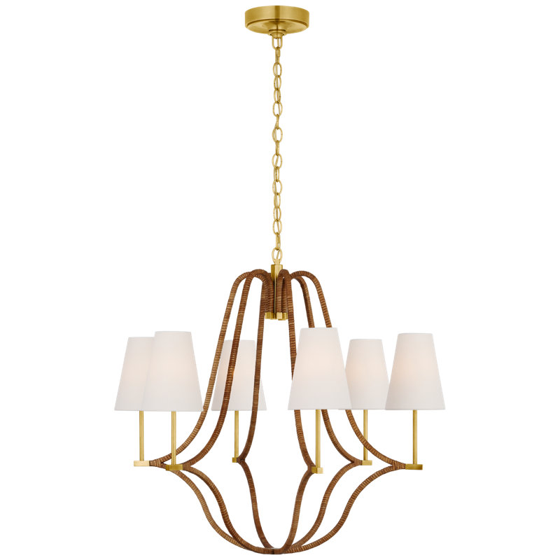 Biscayne 6 - Light Chandelier, 27.5" H x 30.25" W x 30.25" D, Antique-Burnished Brass/Natural Rattan