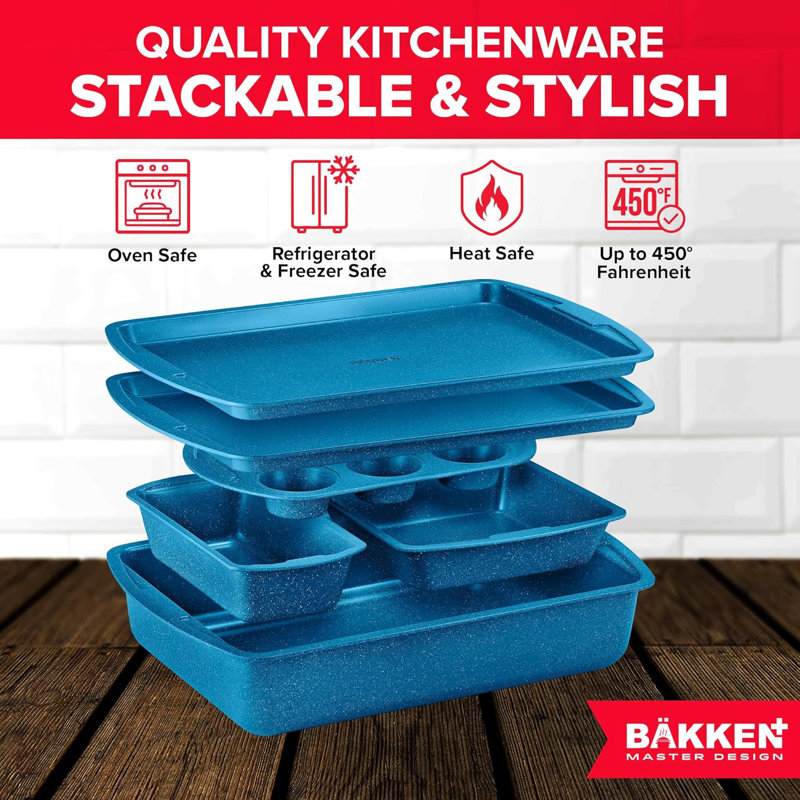 Bakken 6-piece Baking Pan Set – Blue Marble Nonstick Carbon Steel Bakeware, Oven Safe To 450°f, Durable, Pfoa, Pfos & Ptfe Free