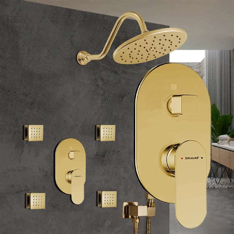 Bravat 2 Way Shower Mixer Set with Concealed Installation for Modern Bathroom Interiors, Brushed Gold