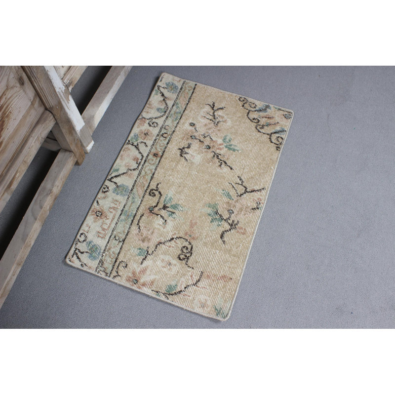 Handwoven Beige Turkish Vintage Rug Ideal as an Elegant Small Accent for Your Door Entrance or Room