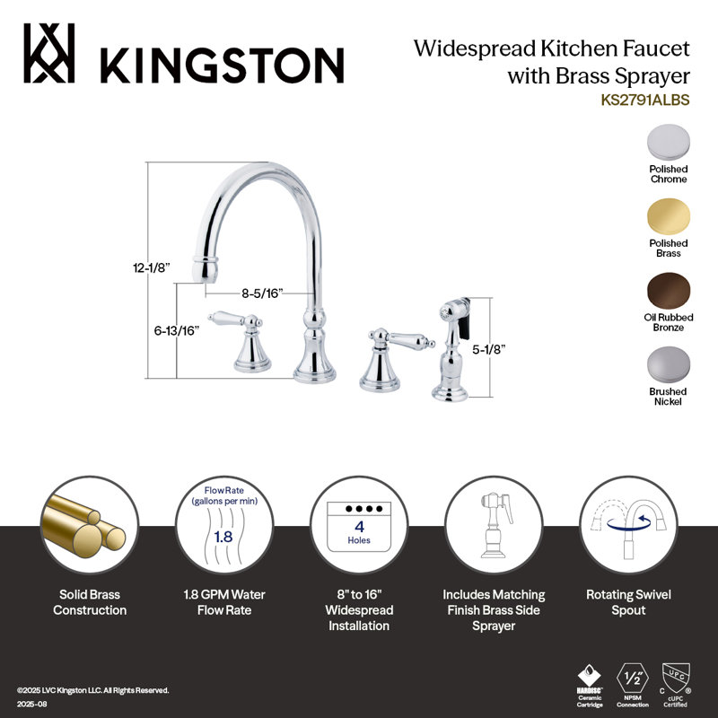 Kingston Brass Governor Double-Handle 4-Hole Widespread Kitchen Faucet with Brass Sprayer, Brushed Nickel, Lever