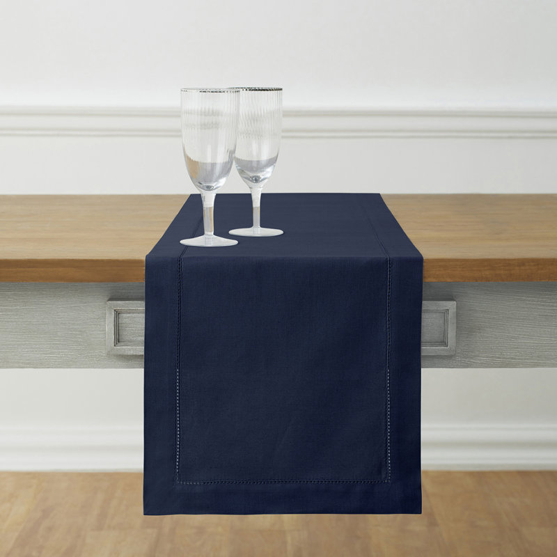 Cotton Linen Hemstitch Table Runner, Navy, 72" x 14", Solid Color