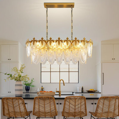 Rectangular Crystal Glass Chandelier With Brass Gold Frame, Adjustable Height Ceiling Pendant Light For Dining Room, Kitchen Island, 8-Light Modern Fi