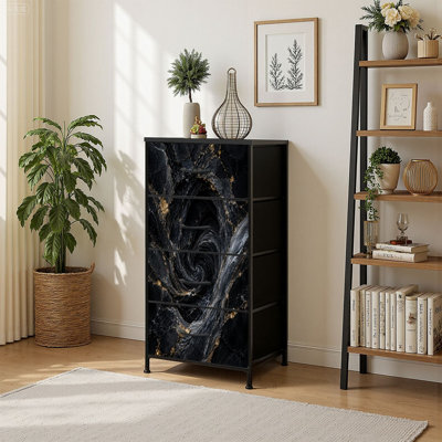 4 Drawer Vertical Storage Dresser Abstract Swirling Black Marble Gold Vein Accent with Wood Top Fabric Pull Drawers