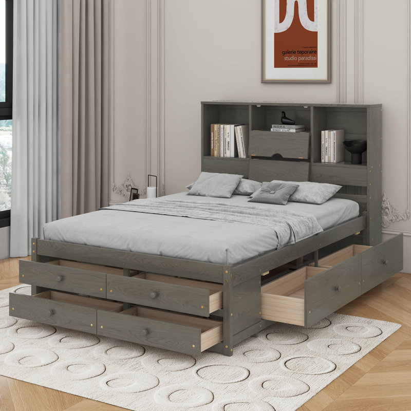 Grand lit plateforme avec tiroirs, Gris
