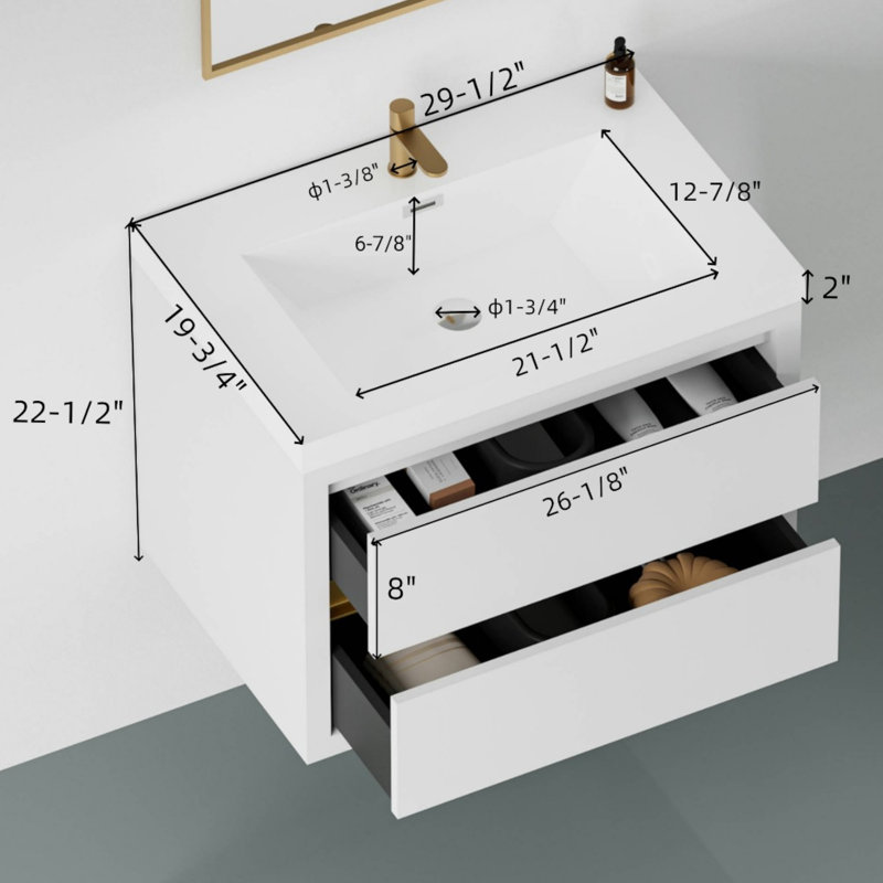 Meuble-lavabo mural simple 30 po avec plateau en résine Kaushal, Blanc lustré