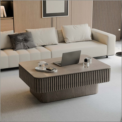 Table basse d'appoint cannelée en bois massif avec placage en bois massif avec rangement et hauteur réglable pour le salon, la chambre à coucher, un appartement ou un bureau