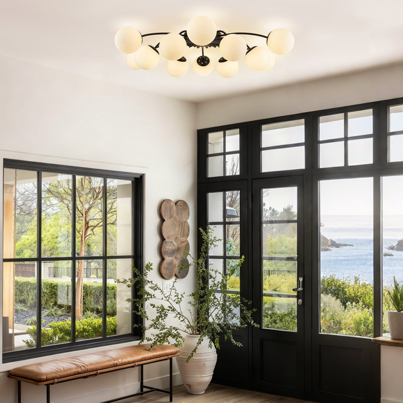 Plafonnier encastré 12 lumières Mid-Century moderne avec abat-jour en verre Blossom, Noir mat