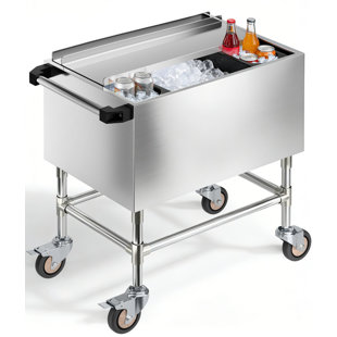 22.4"W Commercial Stainless Steel Ice Bin Cart with Handle, Sliding Lid & Bottle Holders, Heavy-Duty Mobile Ice Chest Cooler for Bar, Restaurant, Pub, Cocktail Station