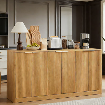 Natural Wood Grain Sideboard - 6-Door Storage Cabinet With Integrated Handles