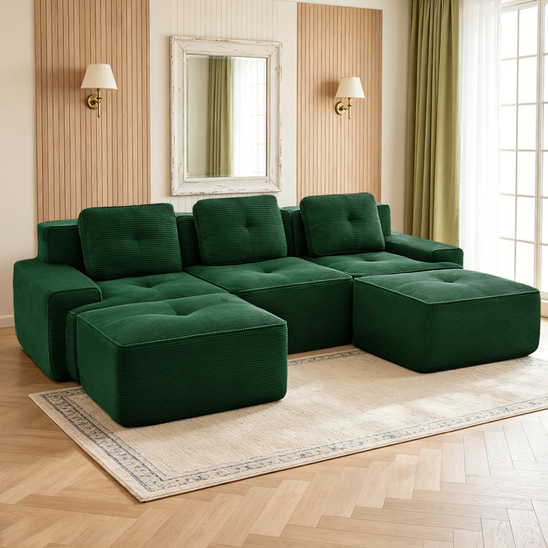 117.50" U Shaped Couch, Modular Sectional Sofa, 3-Seater Comfy Cloud Couch with Two Movable Ottoman, Green Corduroy