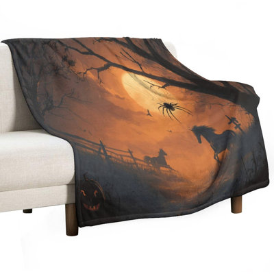 Halloween Night Horses And Spider Luxury Flannel Throw Blanket, Soft Warm Fuzzy Blanket for Living Room Sofa Bed Home Decor