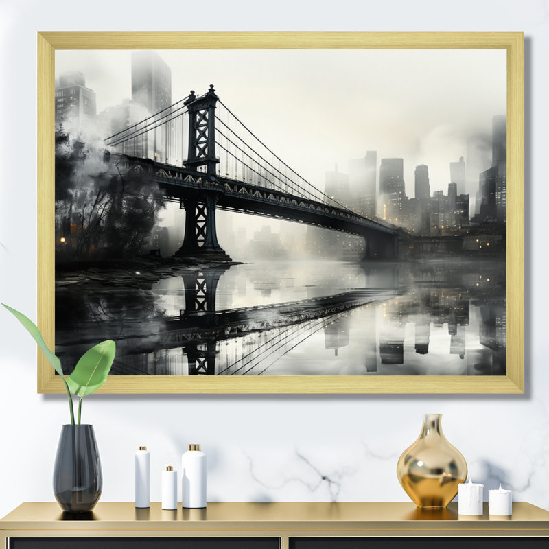 «Gray Bridge Urban Connection Charcoal I», reproduction d'art sur toile, H 16 po x l 32 po x P 1 po, Encadrement doré