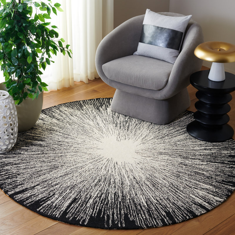 Tapis en laine / coton touffeté à la main Hammill en ivoire / noir, Rond 6 pi