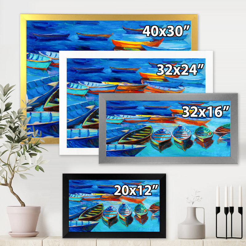 Petits bateaux dans le port - peinture sur toile, Cadre photo argenté, H 12 po x l 20 po x p 1 po