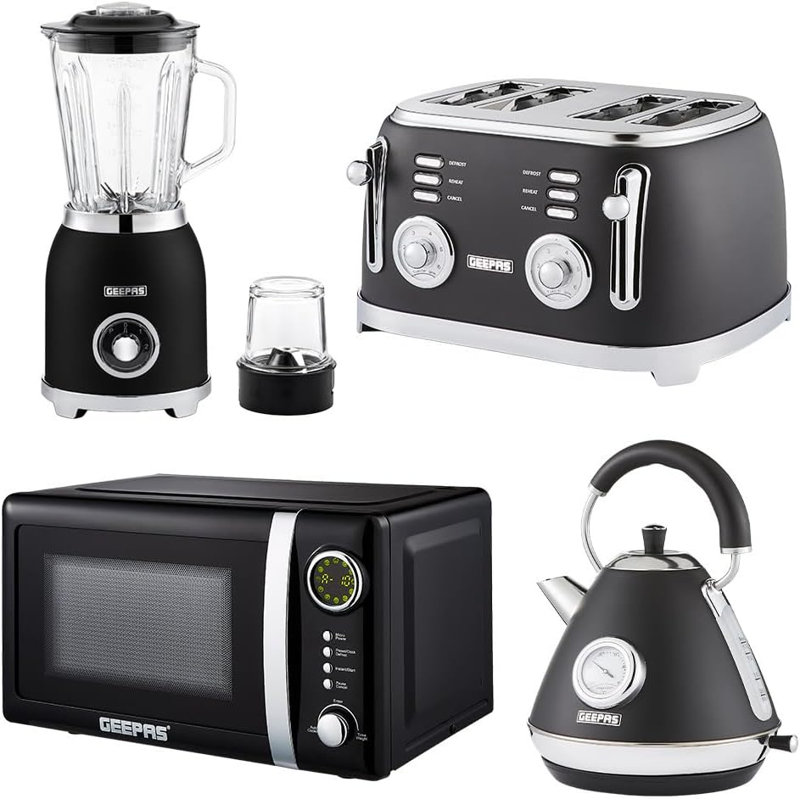 GEEPAS Retrovive 1.7L Electric Kettle, 4 Slice Bread Toaster, 2-in-1 Jug Blender & 20 Litre 700W Digital Freestanding Microwave Oven Combo Set | 3000W Vintage Cordless Kettle