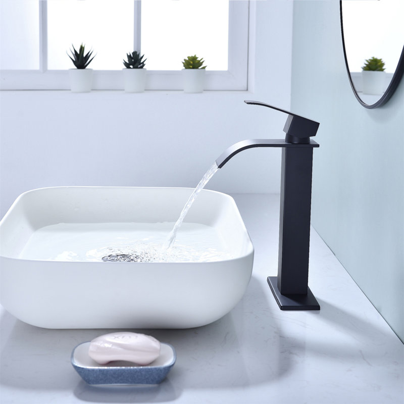 Waterfall Spout Bathroom Faucet,Single Handle Bathroom Vanity Sink Faucet , Matte Black