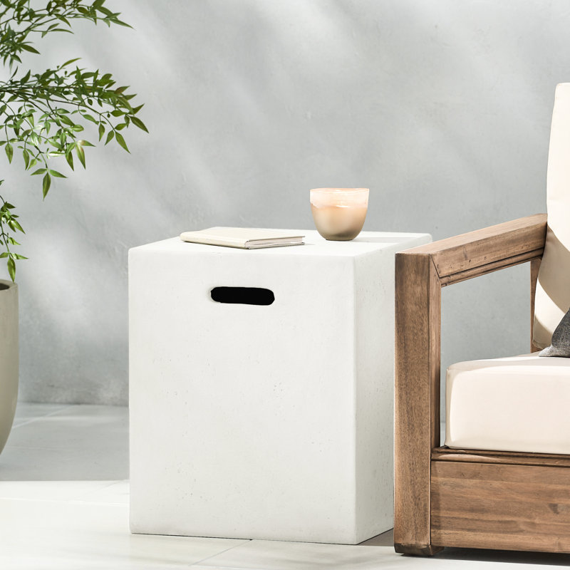 Porte-réservoir et table d'appoint blancs 16 x 20 pouces, conception moderne avec lignes concises, béton léger, support en métal, table prête à l'emploi en tant que support, conception solide, aucun assemblage requis