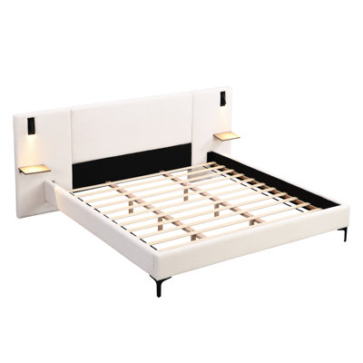 White Boucle Fabric Upholstered King Bed With Reading Lights And Shelving For Bedroom Aesthetic Size Built - In Storage Use