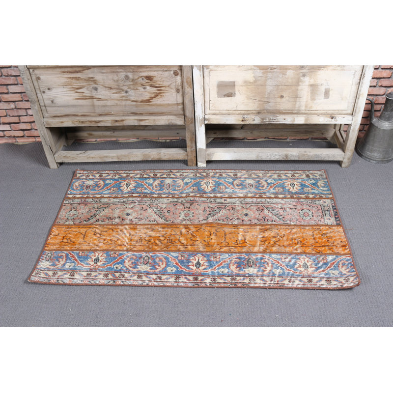 Vintage Small Turkish Oushak Patchwork Rug in Orange for Entryway and Door Mat with Bright Ethnic Custom Design