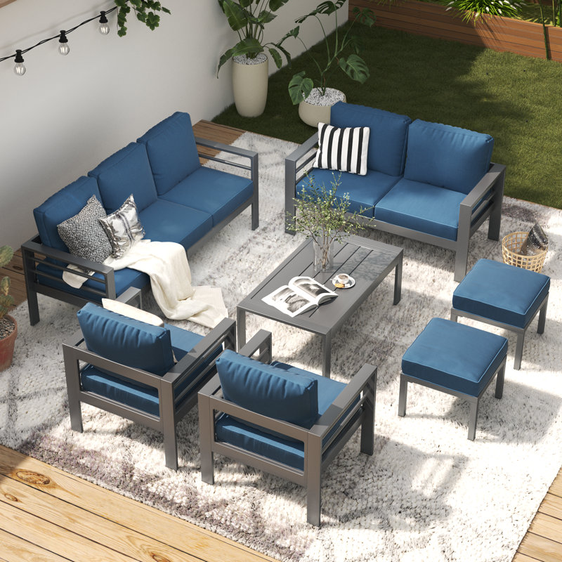 Charlsa Power Coated Aluminium 9 - Person Seating Group with Cushions, Black, Blue