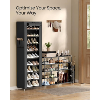Range-chaussures à 10 niveaux avec housse anti-poussière, rangement pour chaussures autoportant noir pour 20 paires, placard, vestibule et chambre à coucher