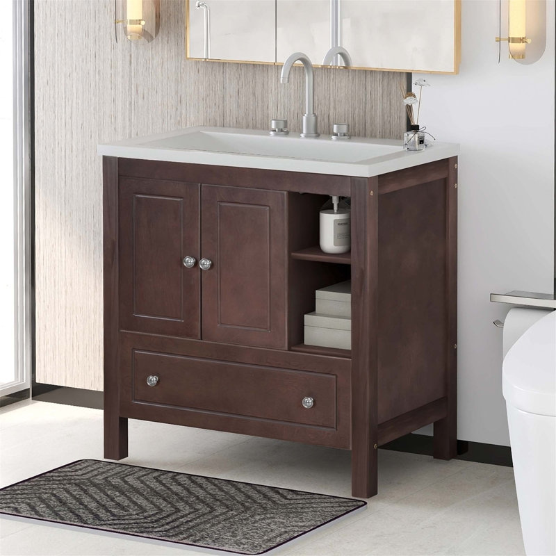 Meuble-lavabo 30 po avec lavabo et rangement, Brun